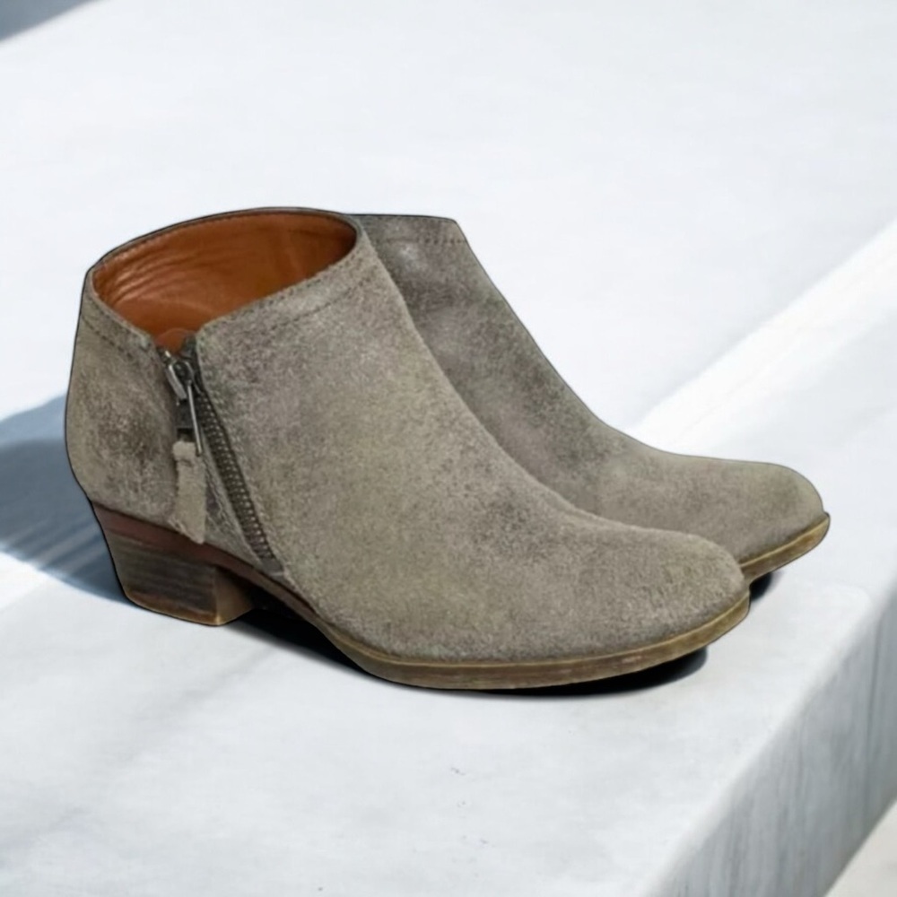 𝅺Lucky Brand | Brielley2 Ankle Booties Suede Raked Topline Side Zip Gray